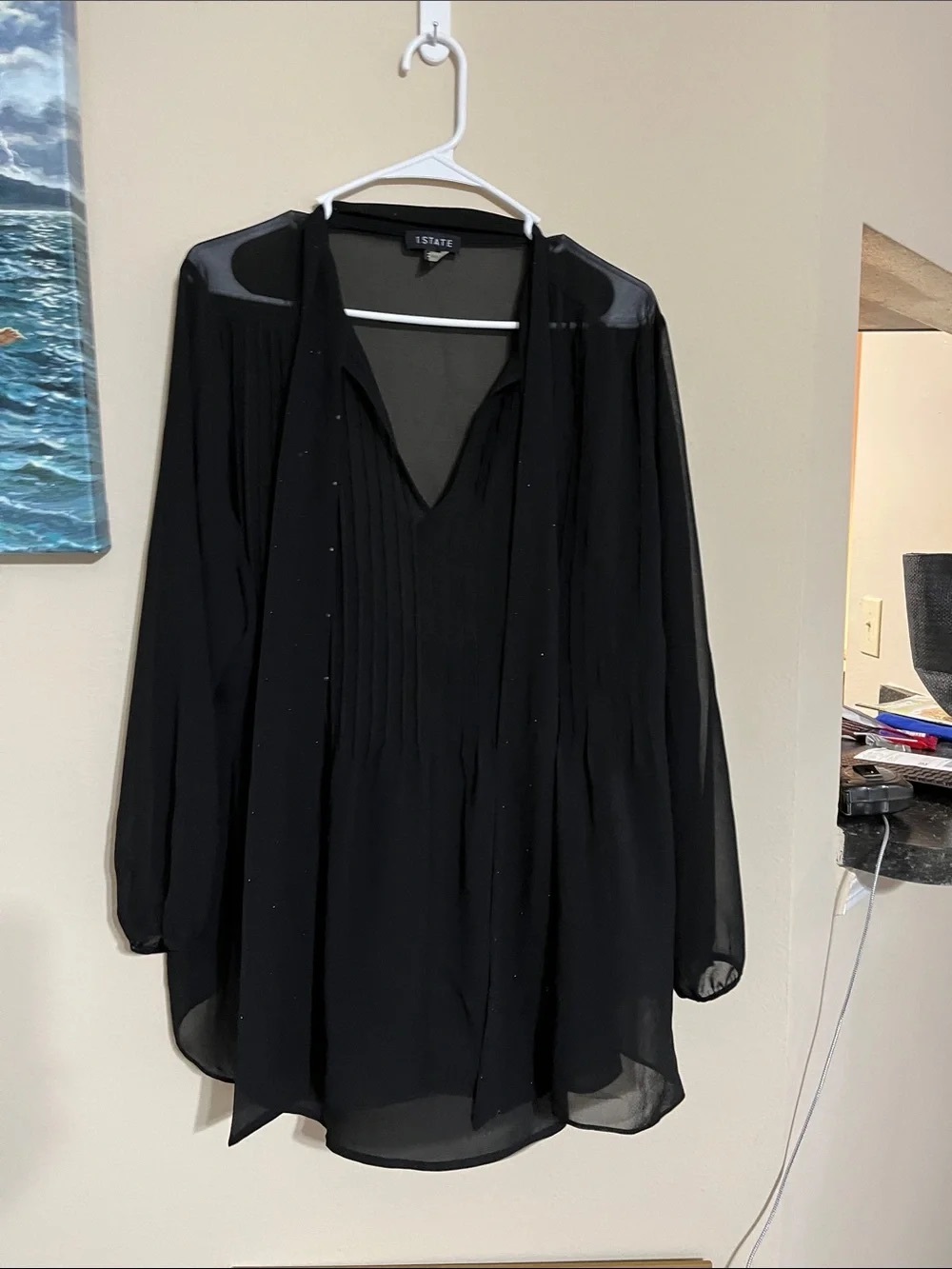 STATE Sheer Black Long-Sleeve Pintuck V-Neck Tunic